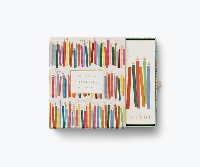 RIFLE PAPER CO. Birthday Candles Keepsake Card Boxed Set of 8, 4.25" L x 5.5" W Blank Interior Lets Your Thoughtful Handwritten Note Take Center Stage, Artisanally Crafted in the USA