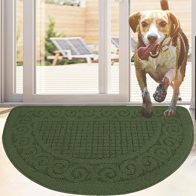 Indoor Door Mat 18"X30",Half Round Non Slip Machine Washable Entryway Rug for Front/Back Door,Half Circle Absorbent Low Profile Entrance Floor Mat for Spring Summer Muddy Wet Shoes and Paws- Green