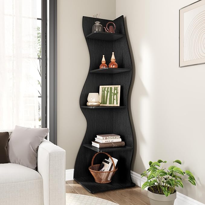 LITTLE TREE Small Corner Shelf, Modern 5-Tier Wall Wavy Corner Bookshelf | Stylish Bookcase Storage Rack for Small Space, Living Room, Bedroom, Black