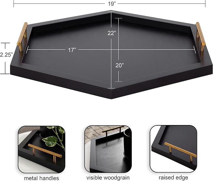 Kate and Laurel Halsey Hexagon Decorative Wooden Tray with Polished Metal Handles; 22 x 19; Black and Gold; Modern Glam Wood Hexagon Serving Tray for Display or Decoration