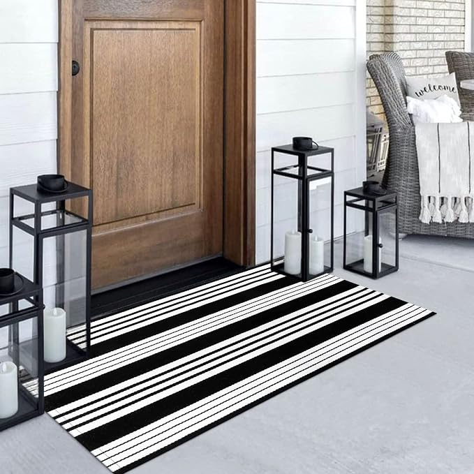 LEEVAN 2'X4.3' Black and White Striped Woven Cotton Reversible Outdoor Rug | Small Machine Washable Front Porch Rug, Entryway Door Mat, Indoor Layering Carpet for Farmhouse Bathroom Laundry