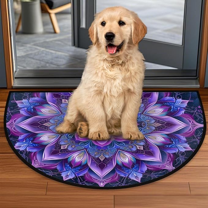 Purple Half Round Doormat Semi Circle Rug Half Moon Rug Entryway Mat | Mandala Flower Washable Non Slip Outdoor Floor Rug Kitchen Mat for Indoor Outdoor Bathroom Fireplace Bath Decor
