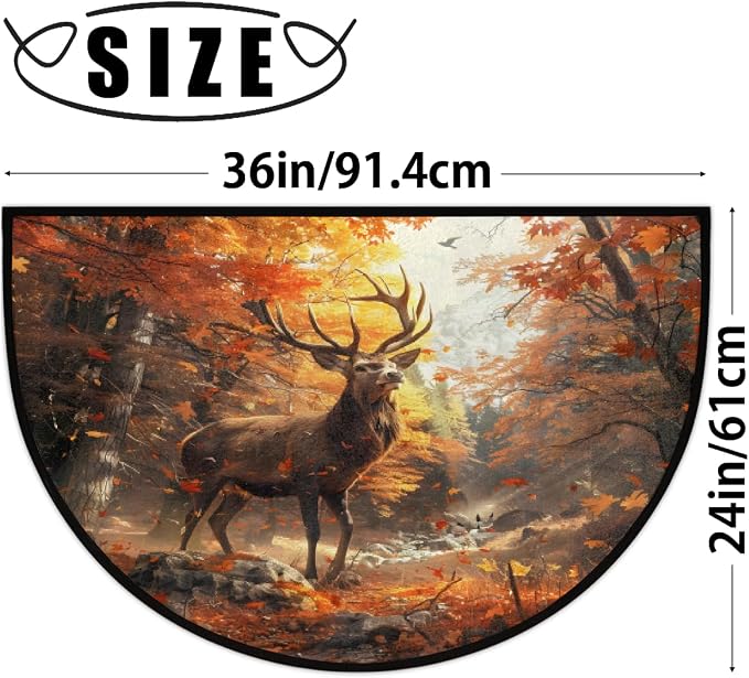 Deer Half Round Doormat Non-Slip Semi Circle Rug Half Moon Mat | Autumn Forest Gold Washable Soft Absorbent Indoor Outdoor Entrance Kitchen Bathroom Sink Patio Welcome Fireplace Floor Rug