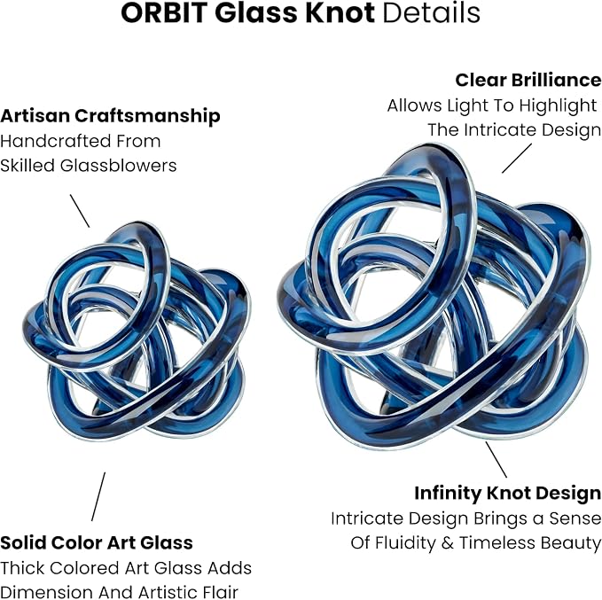 Torre & Tagus Orbit Hand Blown Glass Infinity Knot Sculpture - 4.5 Inch Glass Art Blue Knot Decor Ball for Home Decor, Small Centerpiece Table Decoration for Home Interior (Indigo Blue)