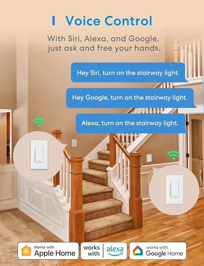 meross 3-Way Smart Switch 2 Pack, Neutral Wire Required, Compatible with Apple HomeKit, Alexa, Hey Google and SmartThings, Single Pole & 3 Way, 2.4GHz Wi-Fi, Remote and Voice Control, No Hub Required