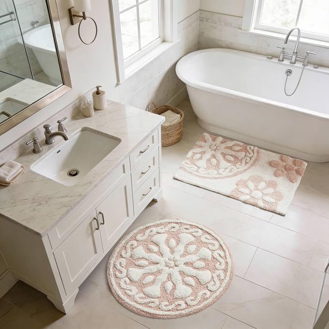Madison Park Casablanca Tufted Cotton Bath Rug Non-Slip, Round 25", Pink | Luxurious Plush Bath Mat, Quick Dry, Soft, Machine Washable, Floral Pattern, Absorbent, Plush, OEKO-TEX, for Bathroom