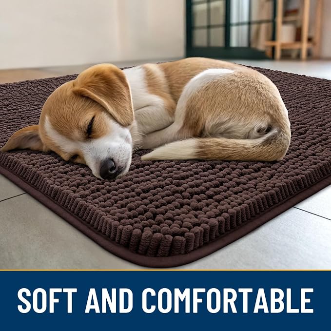 Smiry Dog Door Mat for Muddy Paws 30x20, Absorbent Dirt Trapper, Non-Slip Washable Chenille Entryway Rug for Inside Floor, Brown, Classic Solid