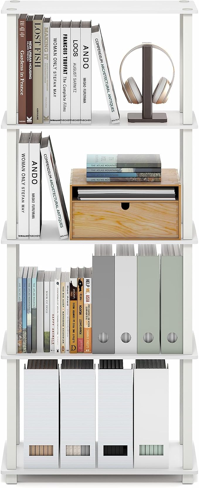 Furinno Turn-S-Tube Book Shelf, 5-Tier Toolless Storage Shelves with Square Tubes, Shelving Unit for Organization and Storage for Living Room, Home Office, White
