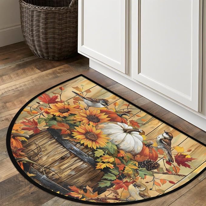 Fall Pumpkin Half Round Door Mat Semi Moon Rug Fireplace Carpet Area Rugs | Retro Fall Pumpkin Non Slip Absorbent Half Circle Mat Carpet for Indoor Outdoor Patio Kitchen Bathroom Entryway Home Decor
