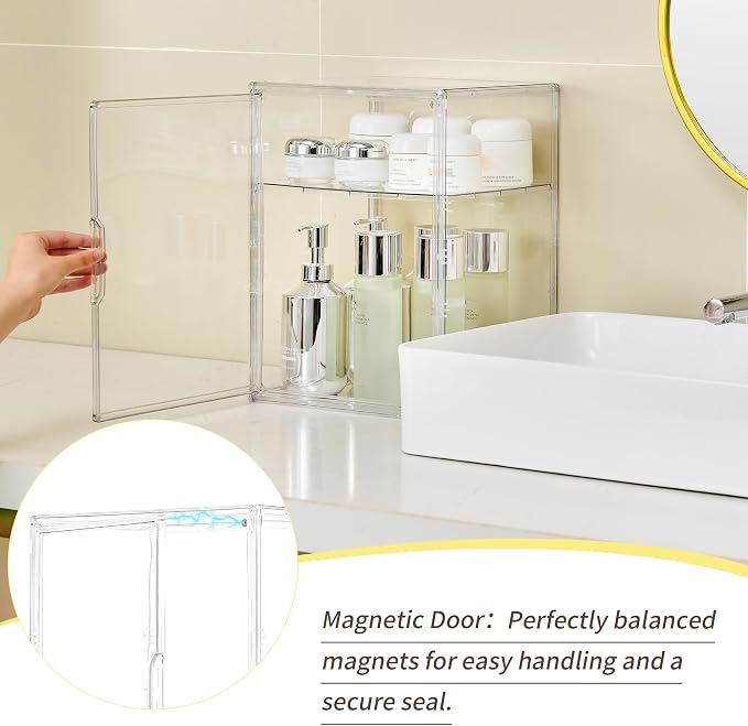 LXLXXL 2 Tier Stackable Shelf Acrylic Display Case with Magnetic Lid 4-Pack | Clear Acrylic Box with Magnetic Door and Removable Shelf, for Makeup, Figures, Purse Storage, Dustproof Display Organizer