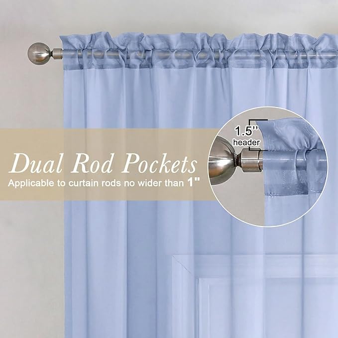 Lecloud Denim Blue Sheer Curtains 96 Inches Long 2 Panels, Rod Pocket Light - Image 5