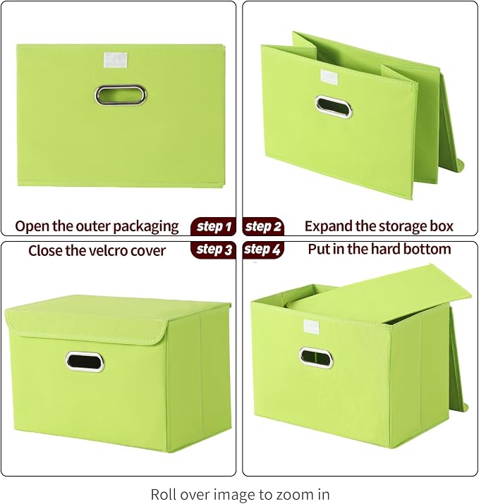 STOREONE Fabric Storage Cube Bins Foldable Organizer Container Collapsible Basket with Lids and Metal Handles, for Home, Bedroom, Closet 3 Pcs (multicolour-green)