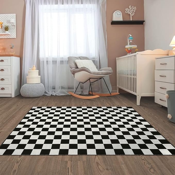 Seavish Checkered Area Rug, 5x6.5 Ft Black and White Outdoor Area Rug | Farmhouse Checkerboard Washable Rugs, Low Pile Cotton Woven Rugs for Living Room Bedroom Dining Room Entryway Office Dorm