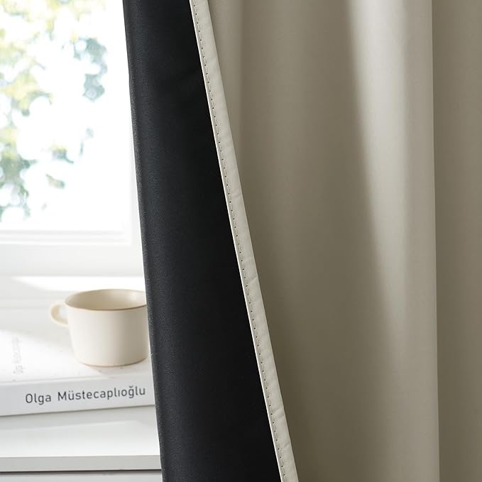 RYB HOME Bedroom Blackout Curtains 63 inches Long, 100% Blackout Thermal Insulated Noise Reducing Curtains for Living Room Nursury, 62 inches Wide by 63 inches Long, Natural