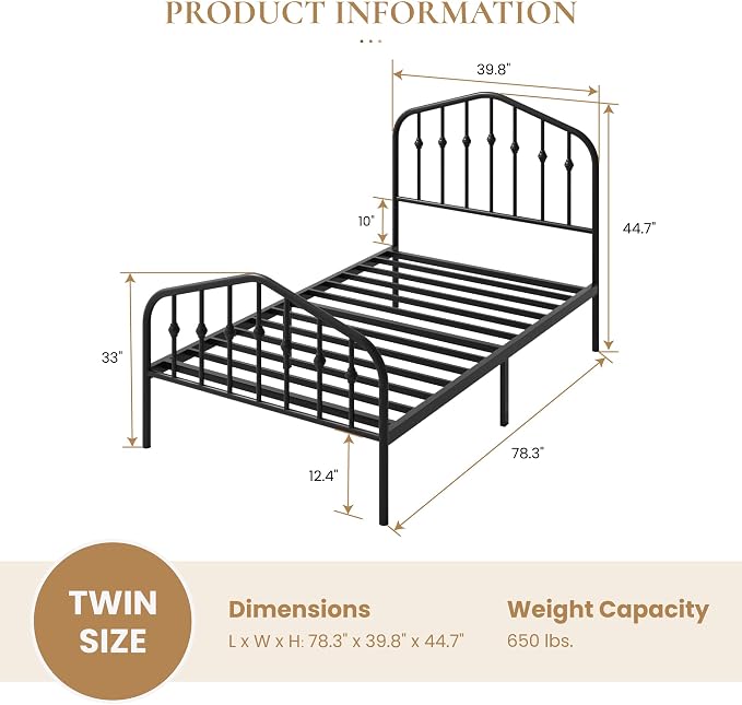 SHA CERLIN Twin Size Metal Bed Frame with Wrought Iron-Art Headboard, Black | Victorian Style Metal Platform Bed Frame, Wrought Iron-Art Headboard and Footboard, Under-Bed Storage, No Box Spring Needed