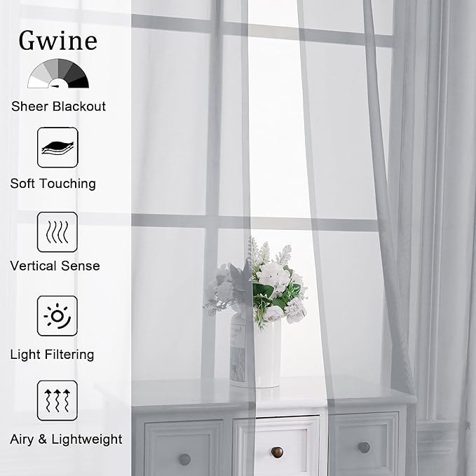 Gwine Light Grey Sheer Curtains 90 Inches Long 2 Panels Set, Light Filtering - Image 2