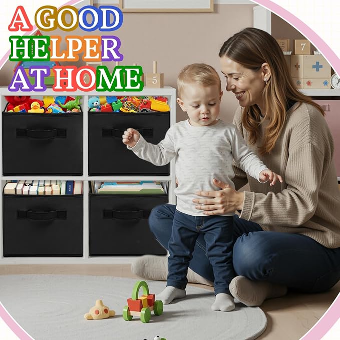 Yinder 4 Pcs Cube Storage Bin Black 14''x10''x8'' Storage Bins for Kids Classroom Decor Colorful Bins Foldable Baskets for Playroom Nursery Organizer Fabric Boxes