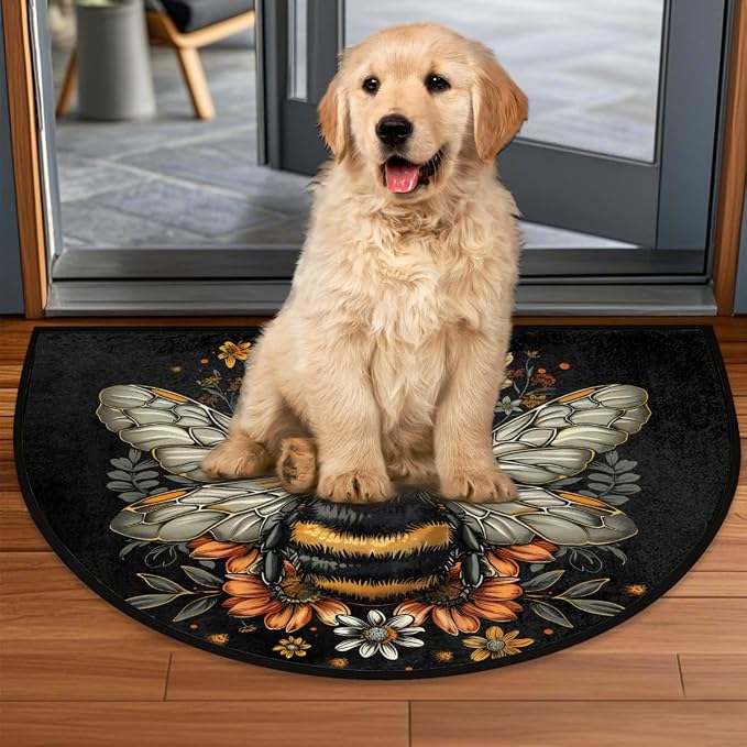 Bee Half Round Doormat Semi Circle Rug Half Moon Rug Entryway Mat | Animal Bee Flower Washable Non Slip Outdoor Floor Rug Kitchen Mat for Indoor Outdoor Bathroom Fireplace Bath Decor