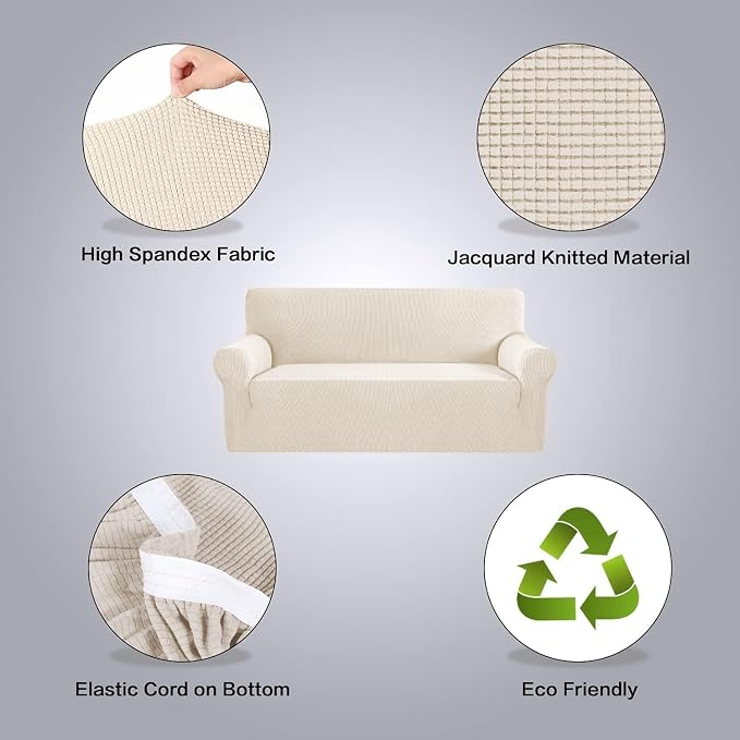 H.VERSAILTEX Stretch Oversized Couch Cover 1 Piece Sofa Slipcovers for Living Room Feature Thick Checked Jacquard Fabric with Elastic Bottom, Sofa X-Large - Natural