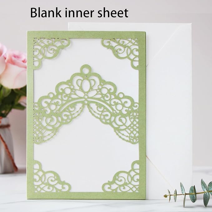 Hosmsua 50PCS Blank Sage Green Quinceanera Invitations with Envelopes, 5.1x7.3 Inch Laser Cut Floral Crown Pocket Invitation Cards for Quinceanera Birthday Quince Anos