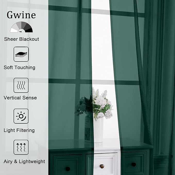 Gwine Hunter Green Sheer Curtain Tiers 24 Inch Length, Light Filtering Voile - Image 3