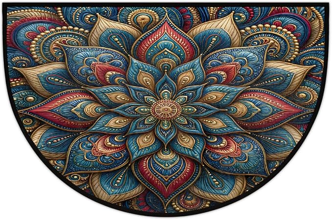 Mandala Half Round Door Mat Semi Moon Rug Fireplace Carpet Area Rugs | Floral Geometric Non Slip Absorbent Half Circle Mat Carpet for Indoor Outdoor Patio Kitchen Bathroom Entryway Home Decor