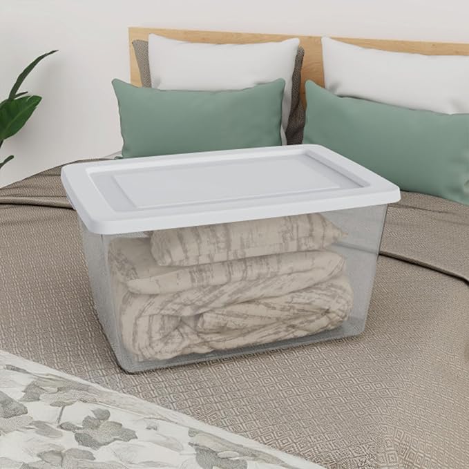Sterilite Clear Storage Box Stackable Tote, 58 Quart, 32-Pack | Clear Plastic Container with Secure Snapping Lids for Home and Office Organization, White