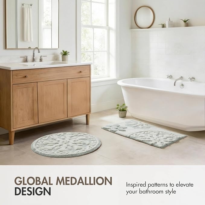 Madison Park Casablanca 100% Cotton Tufted Bathroom Rugs Luxurious Plush Medallion Floral Pattern Bath Mat Absorbent, Quick Dry, Spa Design Shower Room Décor, Rectangle 25" R, Sage Green