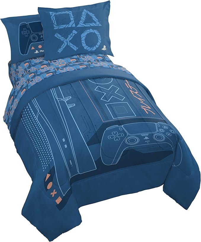 Jay Franco Kids Bed Set, Blue, PlayStation, 7 Piece Full | Cozy Soft Bedding for Stylish Room Décor with Comforter, Sheets & Pillow Covers
