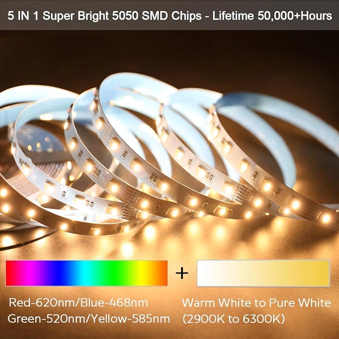 24VDC RGB+CCT 5 Chips in 1 Super Bright LEDs Flexible LED Strip Lights, High CRI 85 Color Changing+Tunable White Non-Waterproof 5050 RGBWW LED Tape Lights, 300LEDs 16.4feet Roll for Home Lighting