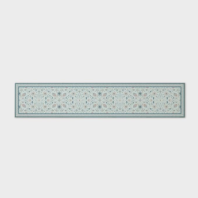 EVERGRACE Hallyway Area Runner Rugs 2x10, Boho Floral Faux Wool Indoor Outdoor Rugs, Washable Rugs for Bedroom Dining Room Living Room Kitchen, Low Pile Floor Mat Carpet for Home Decor, Pale Blue