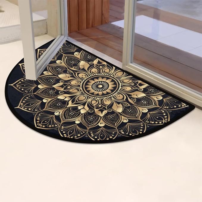 Half Round Doormat Mandala Ethnic Florals Non Slip Half Circle Area Rugs Indoor Washable Half Moon Rug Semi Circle Bathroom Runner Mat Entrance Floor Carpet for Kithen Bedroom Fireplace Decor
