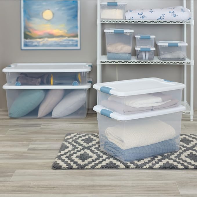Sterilite 12-Pack Latching Box, Under Bed Storage Bins with Lids, Clear Plastic, 25 Quart - Heavy-Duty Organizing Containers for Closet, Bathroom, and Office | Heavy-Duty and Stackable Plastic Containers with Latches for Closet, Cabinet, Bedroom, Bathr...