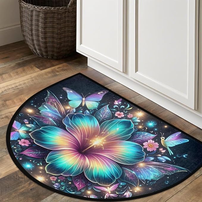 Flowers Half Round Door Mat Non-Slip Semi Circle Rug Half Moon Doormat | Blue Flowers Soft Washable Welcome Entrance Mat for Outdoor Indoor Floor Bedroom Bathroom Home Kitchen Festival Decor