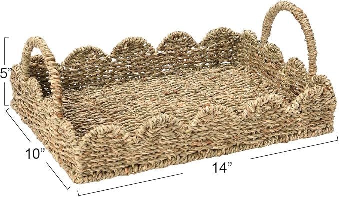 Household Essentials Seagrass Decorative Tray with Scalloped Edge, Handwoven Natural Wicker Organizer Basket with Handles & Iron Frame for Coffee Tables, Bathrooms & Countertops