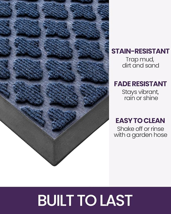DEXI Front Door Mat Outside Entrance, 2x3 Heavy Duty Entry Doormat Dirt Trapper with Rubber Back, Non Slip Low Profile Floor Mats for Entryway Exterior Patio, Floral Blue