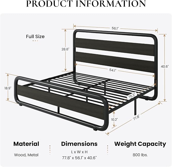 SHA CERLIN Full Size Metal Bed Frame with Wooden Headboard and Footboard, Heavy Duty Oval-Shaped Platform Bed Frame with 10" Under-Bed Storage, Noise Free, No Box Spring Needed, Black