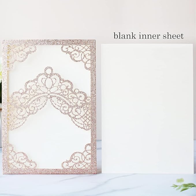 Hosmsua 50PCS 5.1x7.3 Inch Blank Rose Gold Glitter Quinceanera Invitations Kit Laser Cut Floral Crown Pocket Quinceanera Invitation Cards with Envelopes for Birthday Quince Anos Invite
