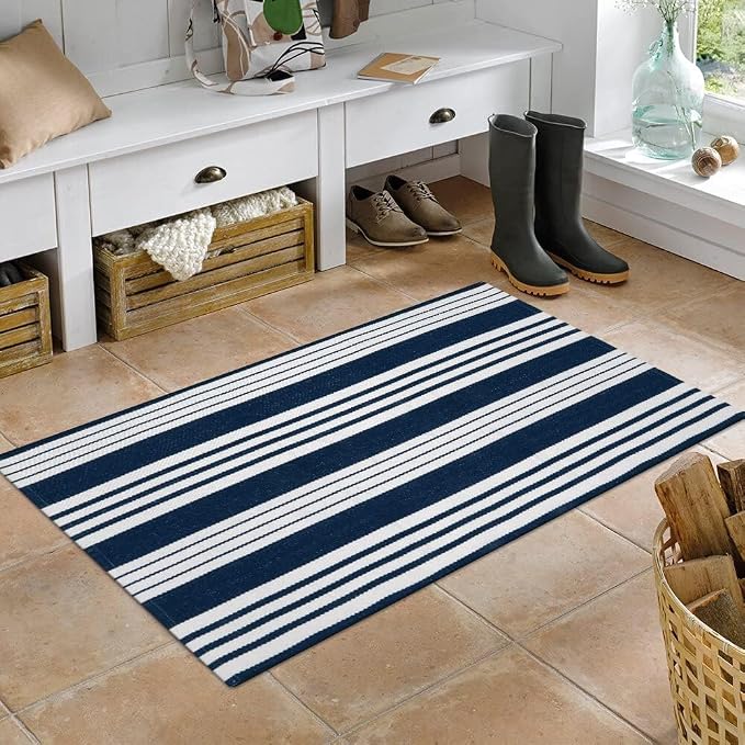OJIA Outdoor Mats for Front Door 24"x51" Porch Rug Blue & White Outdoor Rug | Machine Washable Front Door Mat Cotton Woven Blue and White Outdoor Rugs Striped Kitchen Runner Doormat for Entry/Entrance