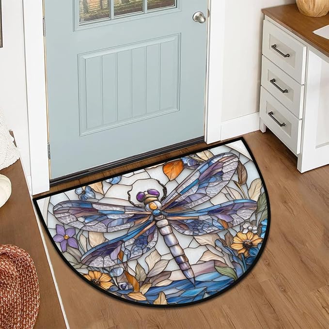 Dragonfly Half Round Door Mat Outdoor Doormat Bedroom Entrance Rug A13 | Dragonfly Glass Painting Semi Moon Door Mat Non-Slip Absorbent Kitchen Rug Indoor Welcome Bath Mat 36" X 24"