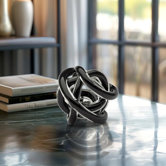 Torre & Tagus Orbit Hand Blown Glass Infinity Knot Sculpture - 3 Inch Glass Art Black Knot Decor Ball for Home Decor, Small Centerpiece Table Decoration for Home Interior (Solid Black)