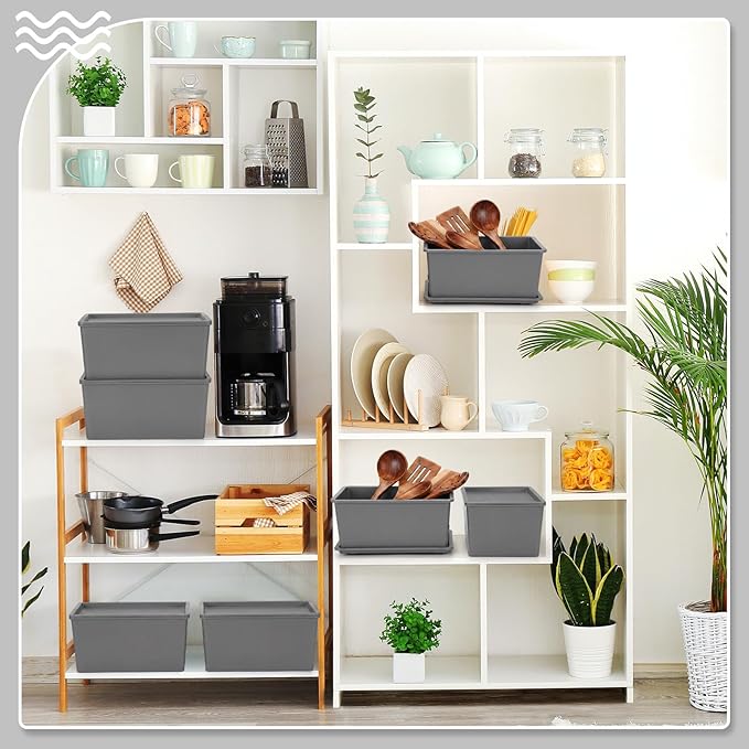 Menkxi 6 Pcs Storage Bins with Lids Small Plastic Storage Containers Stackable Storing Baskets Box Cute Organizer Bins for Organizing Shelves (Gray)