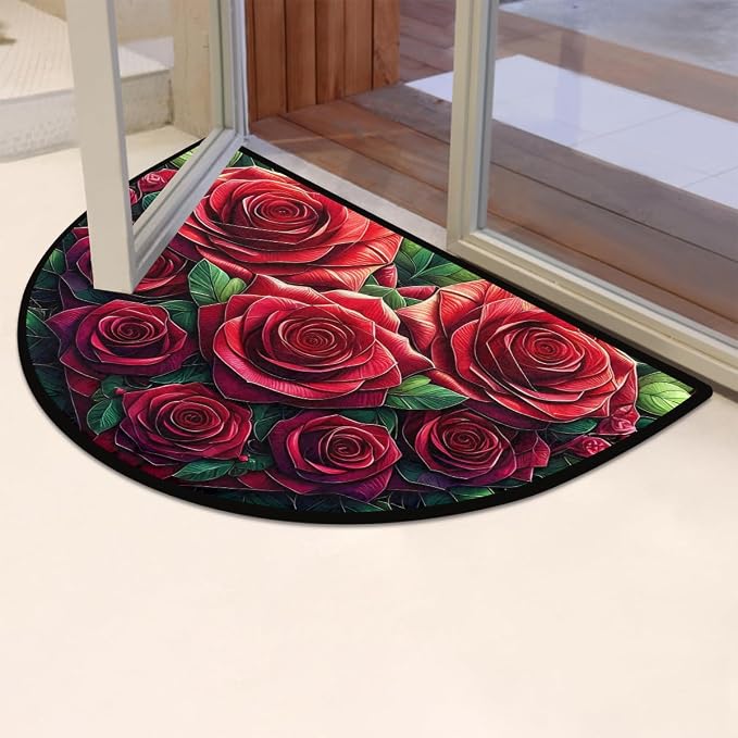 cfpolar Half Round Door Mat Flower Red Rose Non-Slip Semi Circle Area Rug Washable Half Moon Hearth Rugs for Indoor Outdoor Bathroom Kitchen Patio Runner Mat Laundry Room Home Decoration