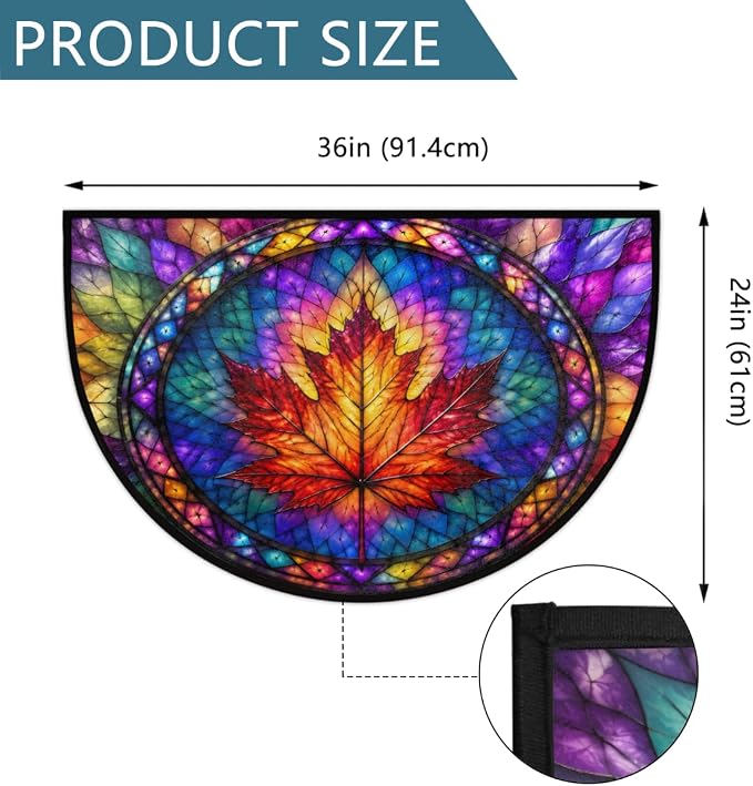 Autumn Half Round Door Mat Welcome Entrance Mat Bath Bathroom Rug A3 | Autumn Maple Leaf Glass Painting Welcome Entrance Mat Anti-Slip Half Moon Bath Mat Semi Circle Rug Indoor Outdoor Kitchen Rug