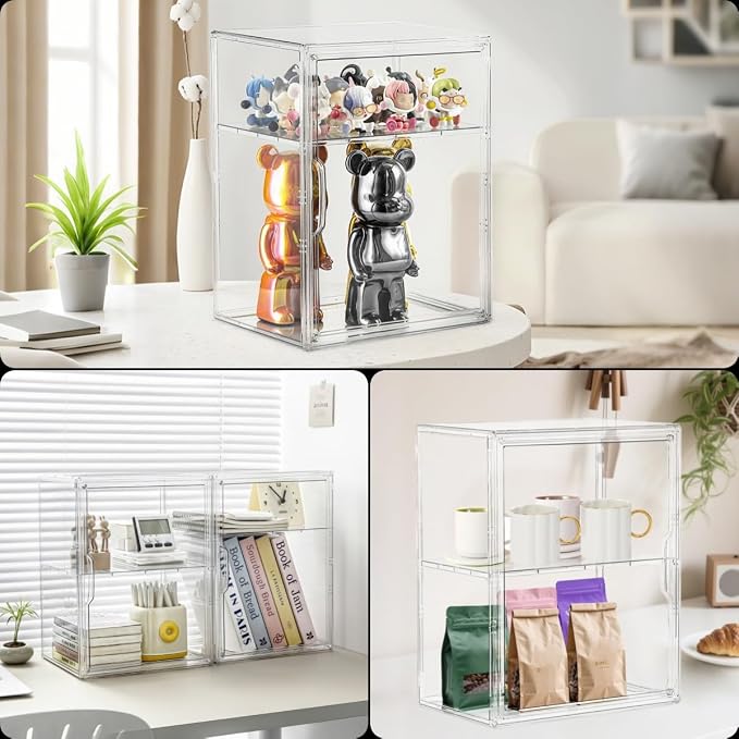 Attelite Acrylic Display Case for Figures 3 Adjustable Layers 4Pack | 2 Tier Clear Storage Bi, Clear Display for Collectibles,Easy Assembly,Stackable Acrylic Box,Dustproof,Magnetic Door
