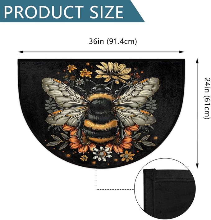 Black Bee Half Round Door Mat Non-Slip Semi Circle Rug Half Moon Doormat | Black Bee Animal Soft Washable Welcome Entrance Mat for Outdoor Indoor Floor Bedroom Bathroom Home Kitchen Festival Decor