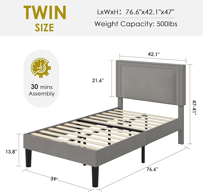 VECELO Twin Size Platform Bed Frame with Height Adjustable Upholstered Headboard, Modern Mattress Foundation,Strong Wood Slat Support, No Box Spring Needed, Easy Assembly, Dark Grey
