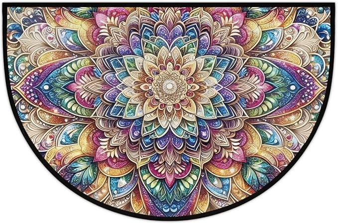 Mandala Flowers Half Round Rug Half Moon Door Mat Half Circle Rugs | Ethnic Washable Non-Slip Semi Circle Rug Welcome Half Round Door Mat Indoor Entrance Kitchen Bedroom Living Room Decor