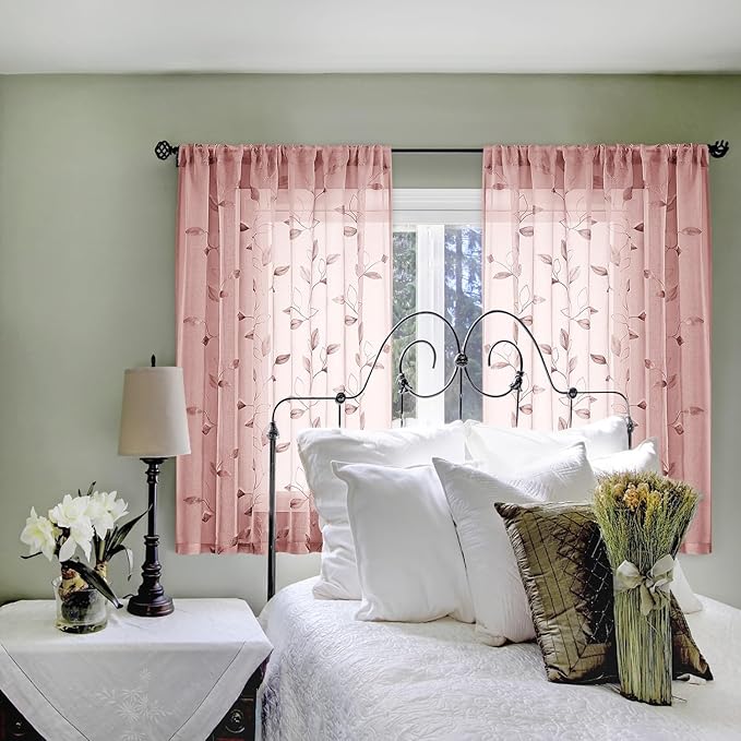 HOMEIDEAS Blush Pink Sheer Kitchen Curtains 52 x 45 Inch Length 2 Panels - Image 7