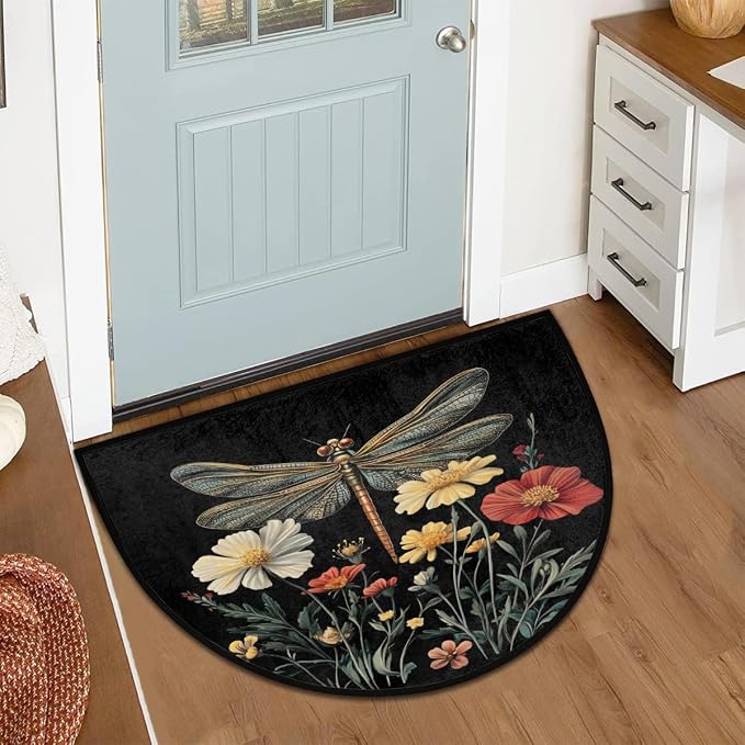 Dragonfly Half Round Door Mat Outdoor Doormat Bedroom Entrance Rug A12 | Dragonfly Flower Floral Semi Moon Door Mat Non-Slip Absorbent Kitchen Rug Indoor Welcome Bath Mat 36" X 24"